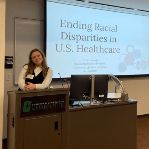 A student at a presentation